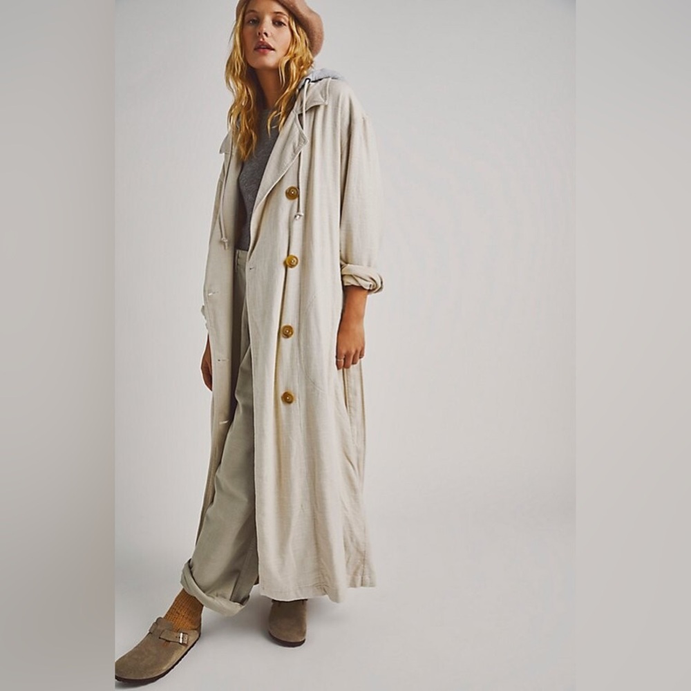 NWT FREE PEOPLE Charlie Morning Oat
Trench Coat Linen Blend Maxi New Small
